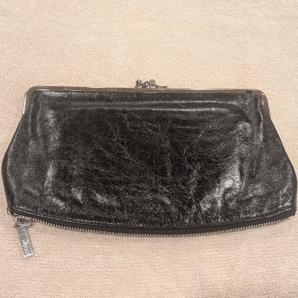 HOBO Lauren Clutch Wallet - Glossy Black Crinkle Leather With Bottom Zipper $54